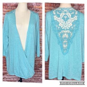 Maurice's Blue Lightweight Slub Open Crocheted Back Cardigan Sweater